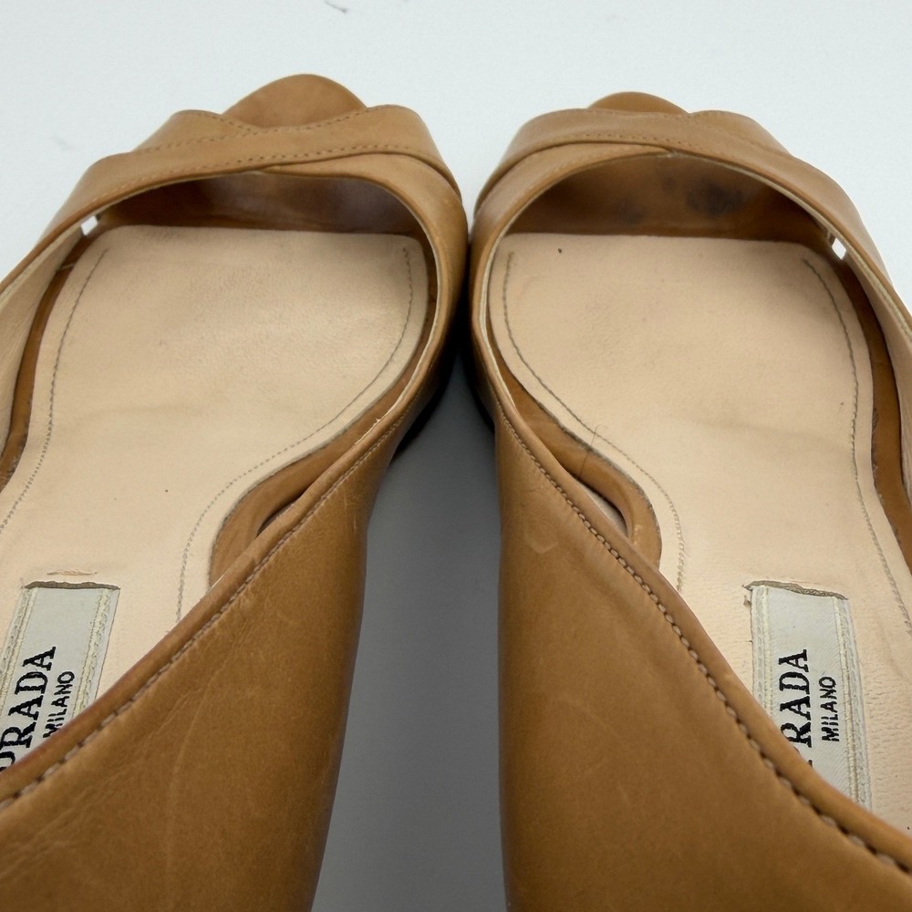 Prada Milano Women's Size 36.5 Tan Leather Peep Toe Wedge Heels Made in Italy - Picture 4 of 8